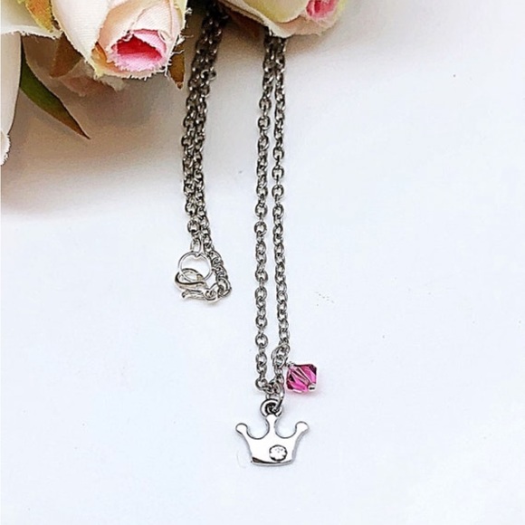 Silver Crown Necklace w/ CZ Dot & Pink Swarovski Dangle, 14”-17”, NWT, Gift Box - Picture 3 of 6